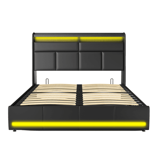Cama 160x200 cm, Cama estofada com luzes LED, Cama estofada com estrado de ripas e caixa de cama, Cama com função hidráulica cama de hóspedes, para adultos, PU, u200Bu200Bu200Bu200BPreto