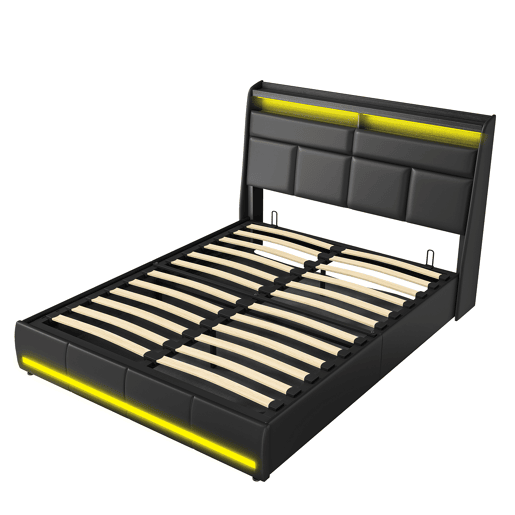 Cama 160x200 cm, Cama estofada com luzes LED, Cama estofada com estrado de ripas e caixa de cama, Cama com função hidráulica cama de hóspedes, para adultos, PU, u200Bu200Bu200Bu200BPreto
