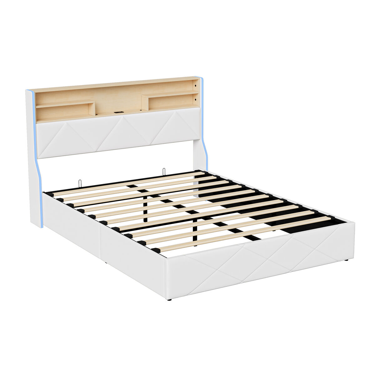 Cama: almacenamiento base y cabecero, LED RGB, puertos USB/Tipo-C 143x216 Blanco