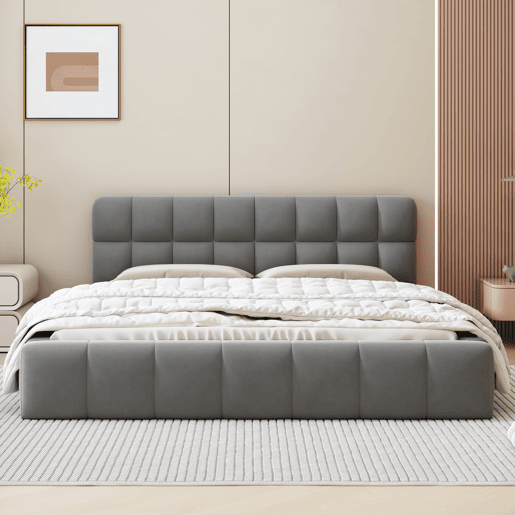 Cama dupla capitonê 140x190 cm - linho - cabeceira macia e borda estofada - estrado de ripas - adultos e adolescentes - cinza