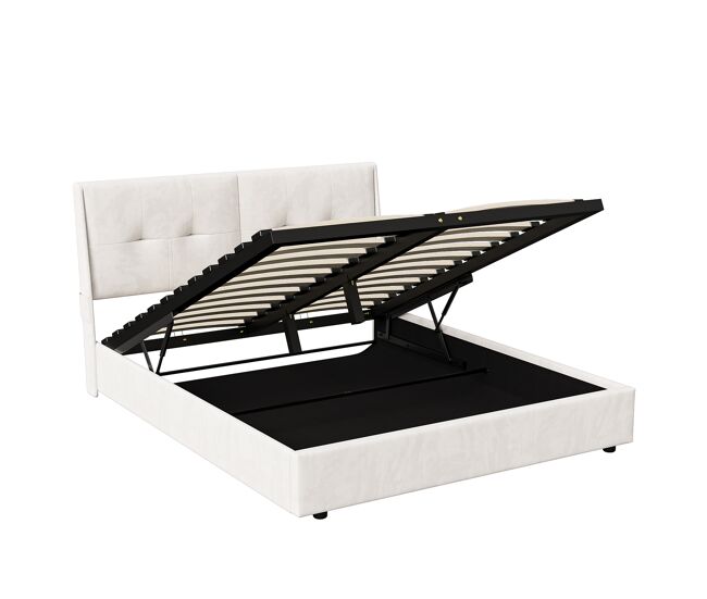 Cama doble de 140x200 cm con espacio de almacenamiento, iluminación LED, cabecero de terciopelo con bolsillos laterales – Beige, elegante y práctica.