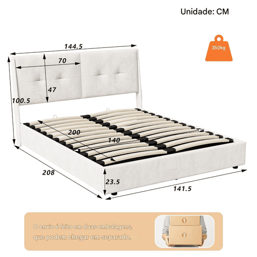 Cama com baú dupla 140x200 cm - LED - cabeceira em veludo com bolsos laterais - bege - elegante e prática Cama com baú dupla 140x200 cm - LED - cabeceira em veludo com bolsos laterais - bege - elegante e prática