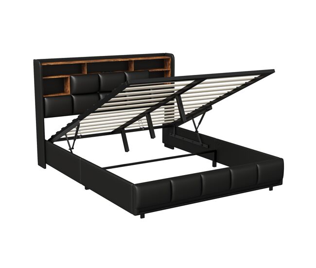 Cama tapizada 160x200cm con usb y enchufes, cama juvenil de matrimonio con somier y espacio de almacenaje, cama canapé con led, polipiel, color negro