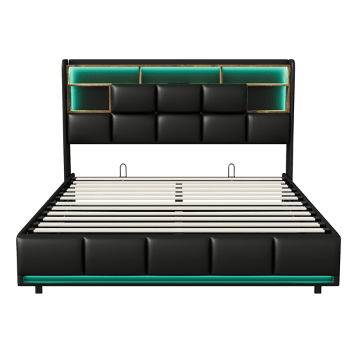 Cama estofada 160x200cm com USB e tomadas, cama de casal juvenil com estrado de ripas e armário, cama com armário e LED, pele sintética, preta Cama estofada 160x200cm com USB e tomadas, cama de casal juvenil com estrado de ripas e armário, cama com armário e LED, pele sintética, preta