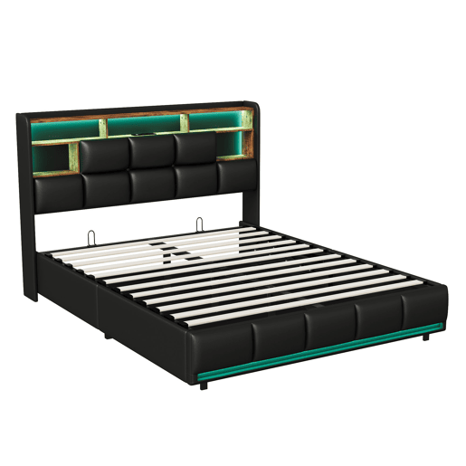 Cama estofada 160x200cm com USB e tomadas, cama de casal juvenil com estrado de ripas e armário, cama com armário e LED, pele sintética, preta Cama estofada 160x200cm com USB e tomadas, cama de casal juvenil com estrado de ripas e armário, cama com armário e LED, pele sintética, preta
