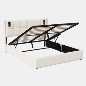 Cama estofada (160x200 cm), estrado de ripas, estrutura de cama hidráulica com luz de leitura, cama de casal com caixa de arrumação, capa de veludo bege