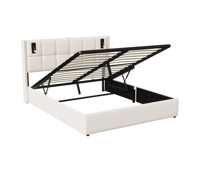 Cama tapizada (160x200 cm), somier de láminas, somier hidráulico con lámpara de lectura, cama doble con canapé, funda de terciopelo beige