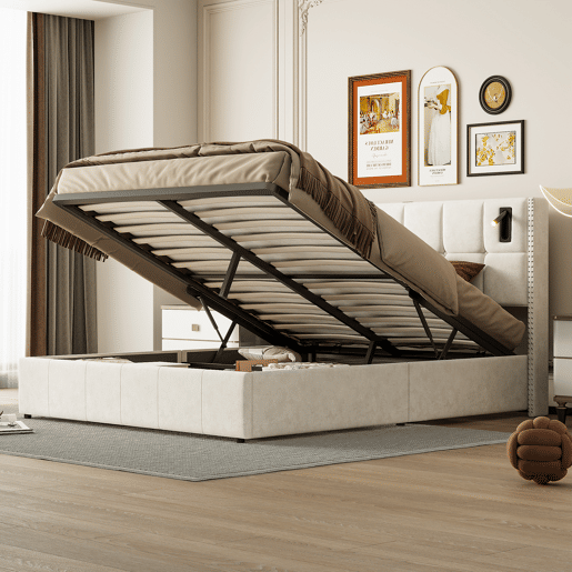 Cama estofada (160x200 cm), estrado de ripas, estrutura de cama hidráulica com luz de leitura, cama de casal com caixa de arrumação, capa de veludo bege Cama estofada (160x200 cm), estrado de ripas, estrutura de cama hidráulica com luz de leitura, cama de casal com caixa de arrumação, capa de veludo bege