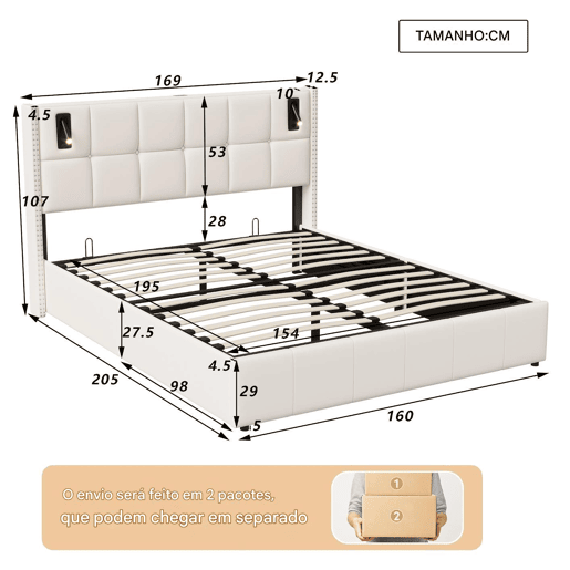 Cama estofada (160x200 cm), estrado de ripas, estrutura de cama hidráulica com luz de leitura, cama de casal com caixa de arrumação, capa de veludo bege Cama estofada (160x200 cm), estrado de ripas, estrutura de cama hidráulica com luz de leitura, cama de casal com caixa de arrumação, capa de veludo bege