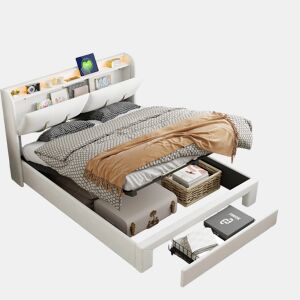 Cama com baú 160x200 cm - LED - estrado de ripas - USB Type-C - capitonê veludo branco