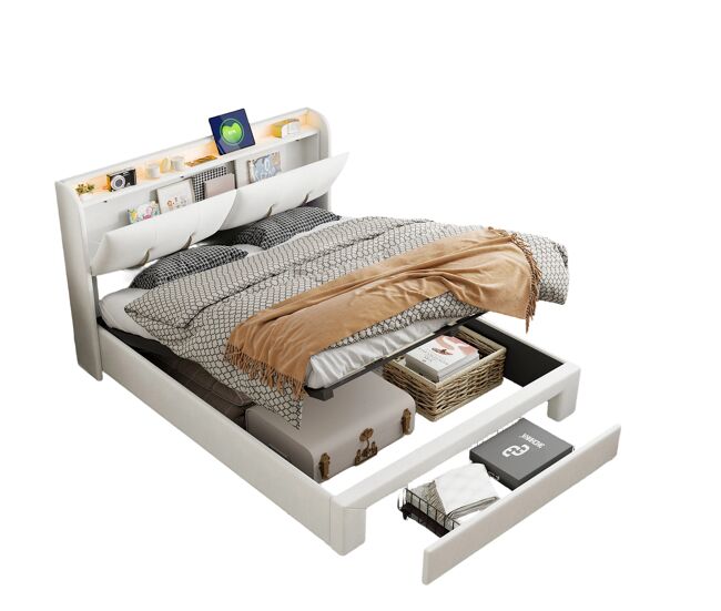 Cama con almacenamiento de 160x200 cm con iluminación LED, somier de láminas y puerto USB tipo C – Tapizada en terciopelo blanco