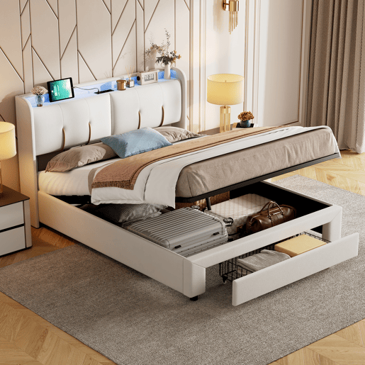Cama com baú 160x200 cm - LED - estrado de ripas - USB Type-C - capitonê veludo branco
