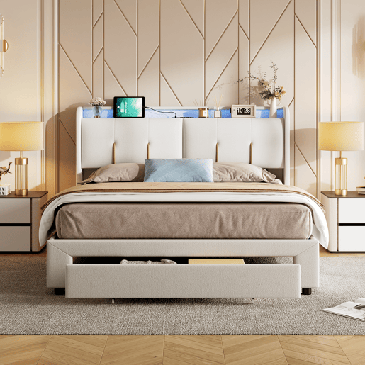 Cama com baú 160x200 cm - LED - estrado de ripas - USB Type-C - capitonê veludo branco