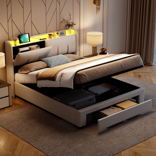 Cama com baú 160x200 cm - LED - estrado de ripas - USB Type-C - capitonê veludo branco