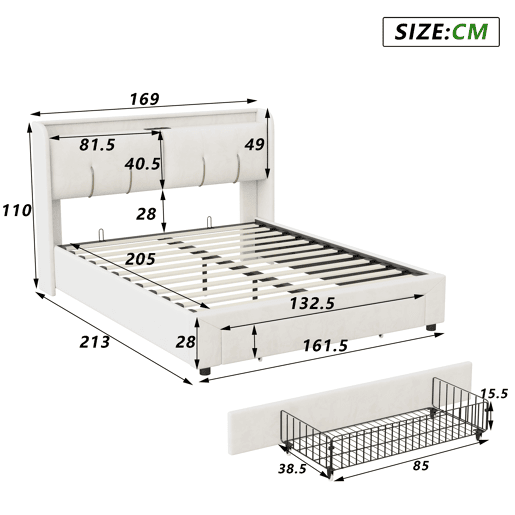 Cama com baú 160x200 cm - LED - estrado de ripas - USB Type-C - capitonê veludo branco