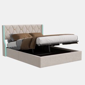 Cama 160x200 cm - estrado e LED - baú com arrumação - veludo bege