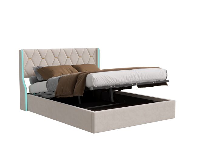 Cama de 160x200 cm con somier de láminas e iluminación LED – Baúl de almacenamiento, terciopelo beige