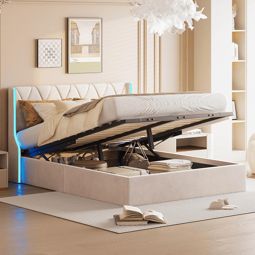 Cama 160x200 cm - estrado e LED - baú com arrumação - veludo bege Cama 160x200 cm - estrado e LED - baú com arrumação - veludo bege