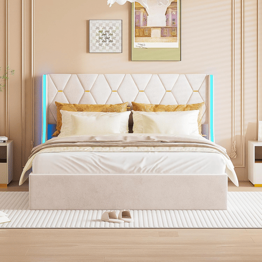 Cama 160x200 cm - estrado e LED - baú com arrumação - veludo bege Cama 160x200 cm - estrado e LED - baú com arrumação - veludo bege