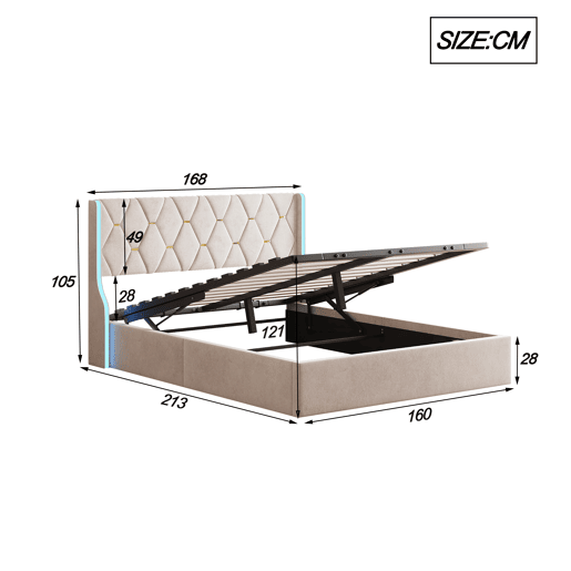 Cama 160x200 cm - estrado e LED - baú com arrumação - veludo bege Cama 160x200 cm - estrado e LED - baú com arrumação - veludo bege