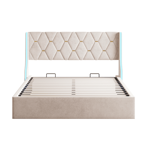Cama 160x200 cm - estrado e LED - baú com arrumação - veludo bege Cama 160x200 cm - estrado e LED - baú com arrumação - veludo bege