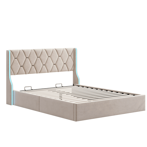 Cama 160x200 cm - estrado e LED - baú com arrumação - veludo bege Cama 160x200 cm - estrado e LED - baú com arrumação - veludo bege