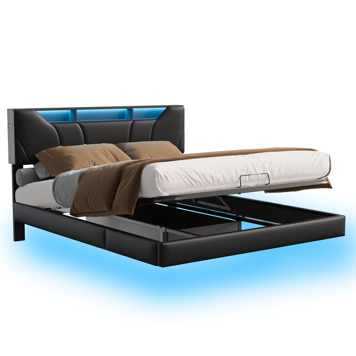 Cama doble tapizada 160x200cm - con usb y luz led - estructura de cama con cabecero y canapé abatible, en pu - negro