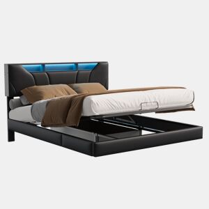 Cama de casal estofada 160x200cm - com USB e luz LED - Estrutura de cama com cabeceira de arrumação e caixa de arrumação para cama, em PU - preto