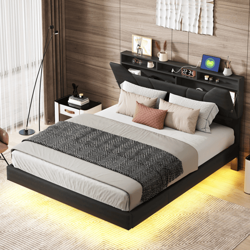 Cama de casal estofada 160x200cm - com USB e luz LED - Estrutura de cama com cabeceira de arrumação e caixa de arrumação para cama, em PU - preto Cama de casal estofada 160x200cm - com USB e luz LED - Estrutura de cama com cabeceira de arrumação e caixa de arrumação para cama, em PU - preto