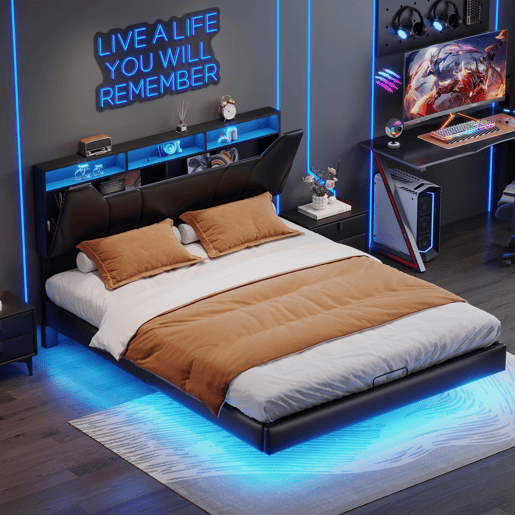 Cama de casal estofada 160x200cm - com USB e luz LED - Estrutura de cama com cabeceira de arrumação e caixa de arrumação para cama, em PU - preto Cama de casal estofada 160x200cm - com USB e luz LED - Estrutura de cama com cabeceira de arrumação e caixa de arrumação para cama, em PU - preto
