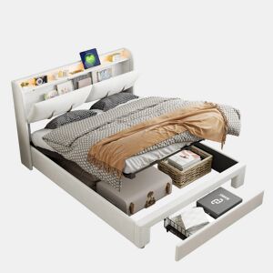 Cama de casal estofada de 140x200cm com arrumação, cabeceira com arrumação oculta, veludo, branca.