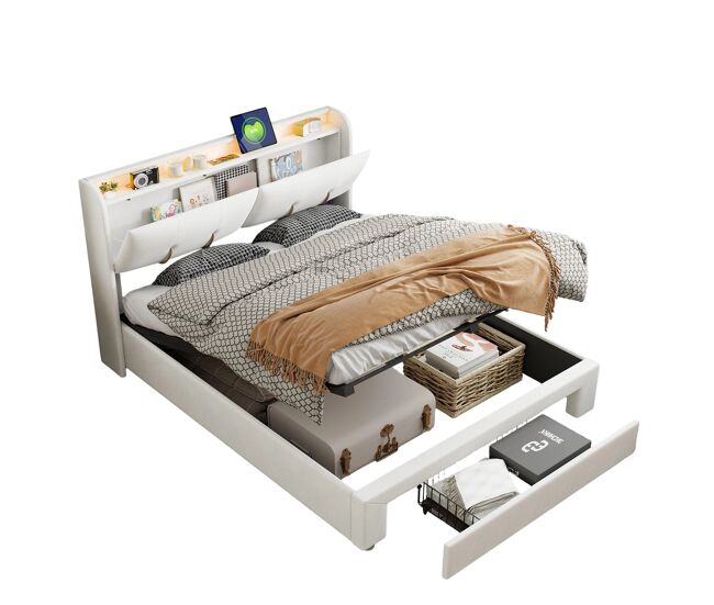 Cama doble tapizada de 140x200 cm con almacenaje, cabecero con espacio oculto, tapizada en terciopelo blanco.