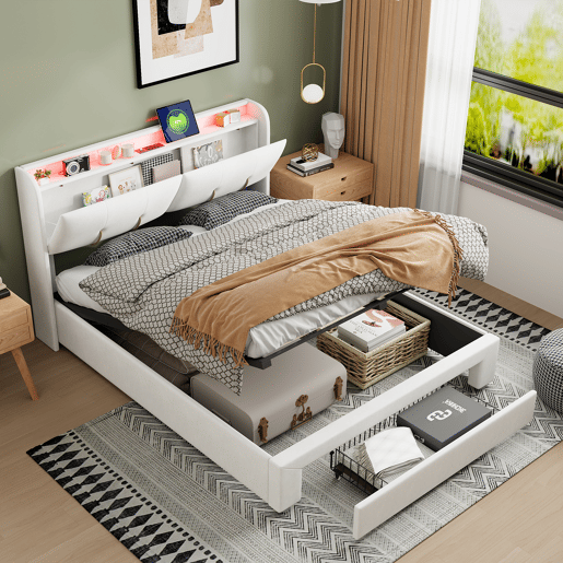 Cama de casal estofada de 140x200cm com arrumação, cabeceira com arrumação oculta, veludo, branca.
