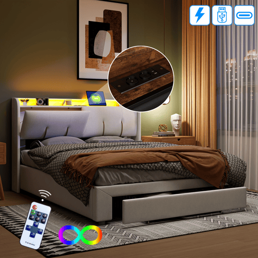 Cama de casal estofada de 140x200cm com arrumação, cabeceira com arrumação oculta, veludo, branca.