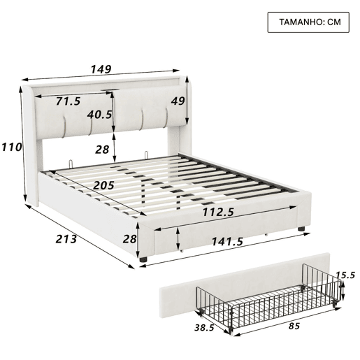 Cama de casal estofada de 140x200cm com arrumação, cabeceira com arrumação oculta, veludo, branca.