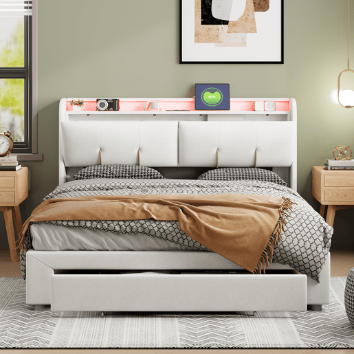 Cama de casal estofada de 140x200cm com arrumação, cabeceira com arrumação oculta, veludo, branca.