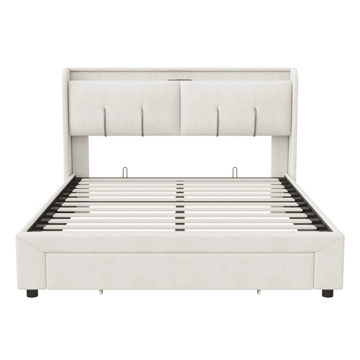Cama de casal estofada de 140x200cm com arrumação, cabeceira com arrumação oculta, veludo, branca.