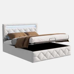 Cama 140x200 cm - LED - estrado de ripas - grande arrumação - bege