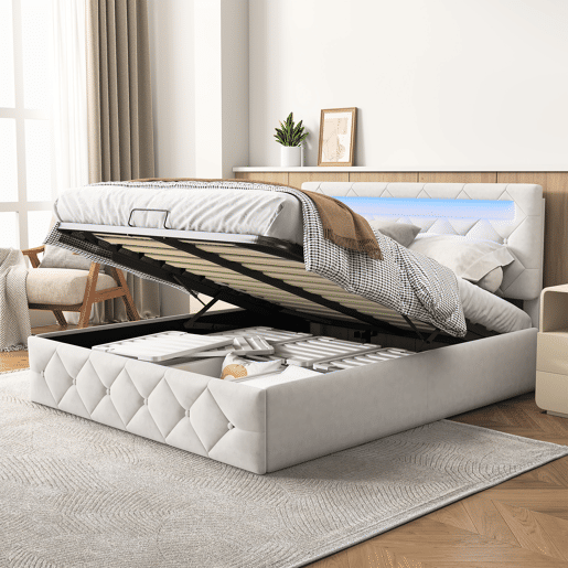 Cama 140x200 cm - LED - estrado de ripas - grande arrumação - bege Cama 140x200 cm - LED - estrado de ripas - grande arrumação - bege