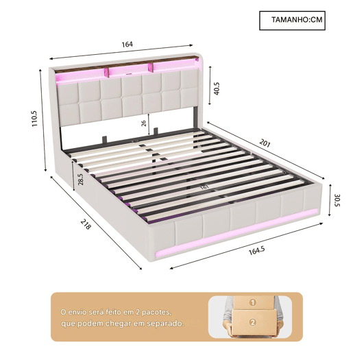 Cama 160x200 cm - LED - baú hidráulico - estrado de ripas - carregamento USB e Type-C - linho - bege Cama 160x200 cm - LED - baú hidráulico - estrado de ripas - carregamento USB e Type-C - linho - bege