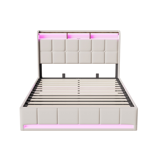 Cama 160x200 cm - LED - baú hidráulico - estrado de ripas - carregamento USB e Type-C - linho - bege Cama 160x200 cm - LED - baú hidráulico - estrado de ripas - carregamento USB e Type-C - linho - bege