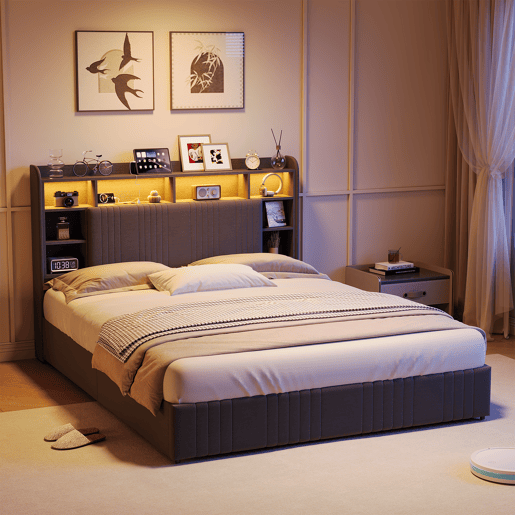 Cama 160x200 cm - 4 gavetas - carregamento USB e Type-C - LED - mesas de cabeceira com arrumação - divisórias abertas - estrado de ripas - cinza