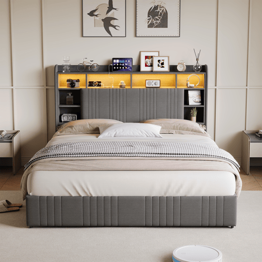 Cama 160x200 cm - 4 gavetas - carregamento USB e Type-C - LED - mesas de cabeceira com arrumação - divisórias abertas - estrado de ripas - cinza