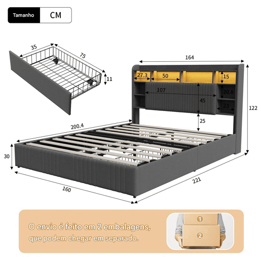 Cama 160x200 cm - 4 gavetas - carregamento USB e Type-C - LED - mesas de cabeceira com arrumação - divisórias abertas - estrado de ripas - cinza