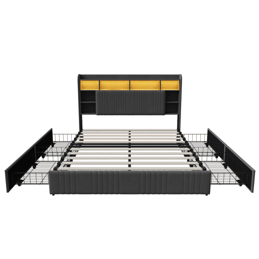 Cama 160x200 cm - 4 gavetas - carregamento USB e Type-C - LED - mesas de cabeceira com arrumação - divisórias abertas - estrado de ripas - cinza
