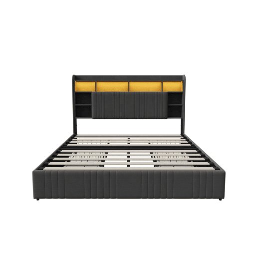 Cama 160x200 cm - 4 gavetas - carregamento USB e Type-C - LED - mesas de cabeceira com arrumação - divisórias abertas - estrado de ripas - cinza