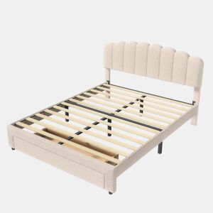 Cama de casal em veludo bege com entrada USB e gaveta aos pés (160x200cm)