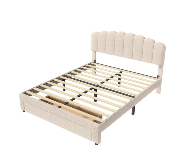 Cama doble en terciopelo beige con puerto usb y cajón a pie de cama (160 x 200 cm)