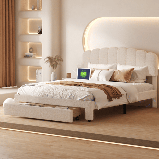 Cama de casal em veludo bege com entrada USB e gaveta aos pés (160x200cm) Cama de casal em veludo bege com entrada USB e gaveta aos pés (160x200cm)