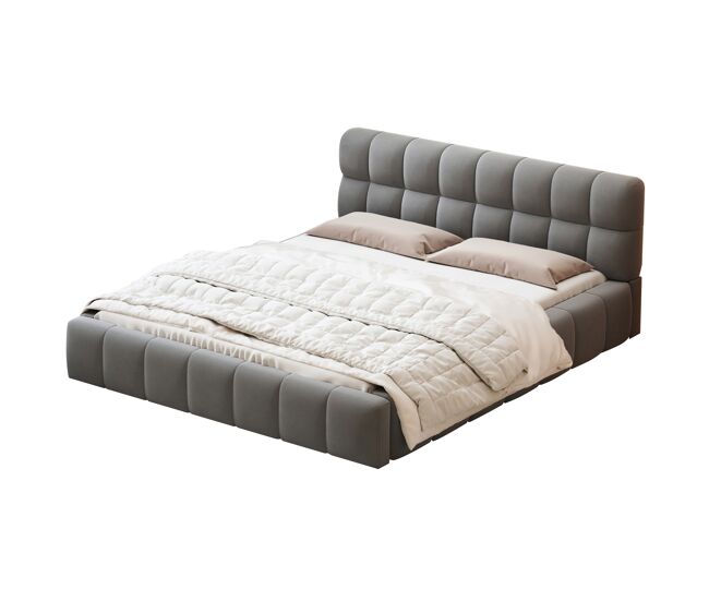 Cama doble tapizada, 140 x 200 cm, en lino, con respaldo suave y borde acolchado, con somier de láminas, para adultos y adolescentes, gris